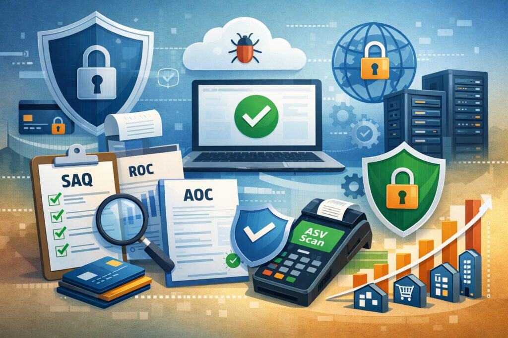 PCI compliance validation: SAQ, ROC, AOC, ASV, and merchant levels