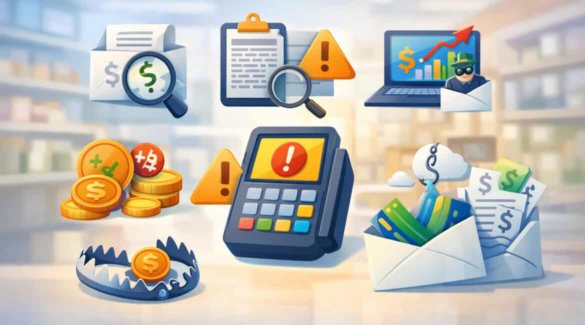 Illustration of hidden merchant service fees with POS terminal warning symbols, magnifying glass, transaction icons, and financial traps representing unexpected payment processing costs