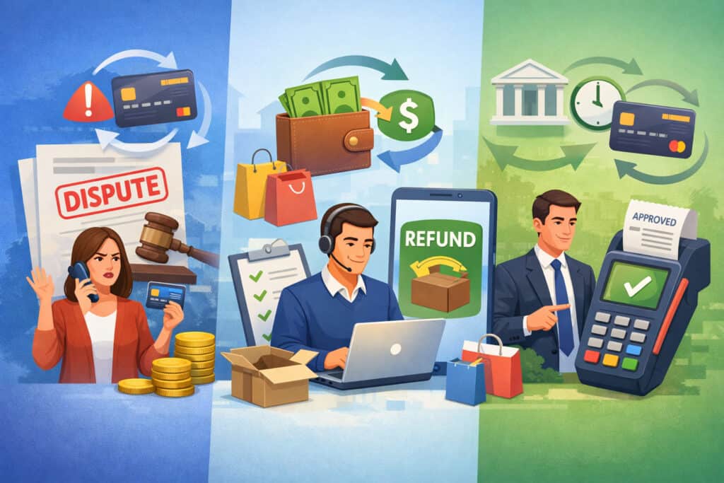 Illustration comparing chargeback, refund, and transaction reversal processes with payment icons, customer support, dispute handling, and POS transaction approval visuals