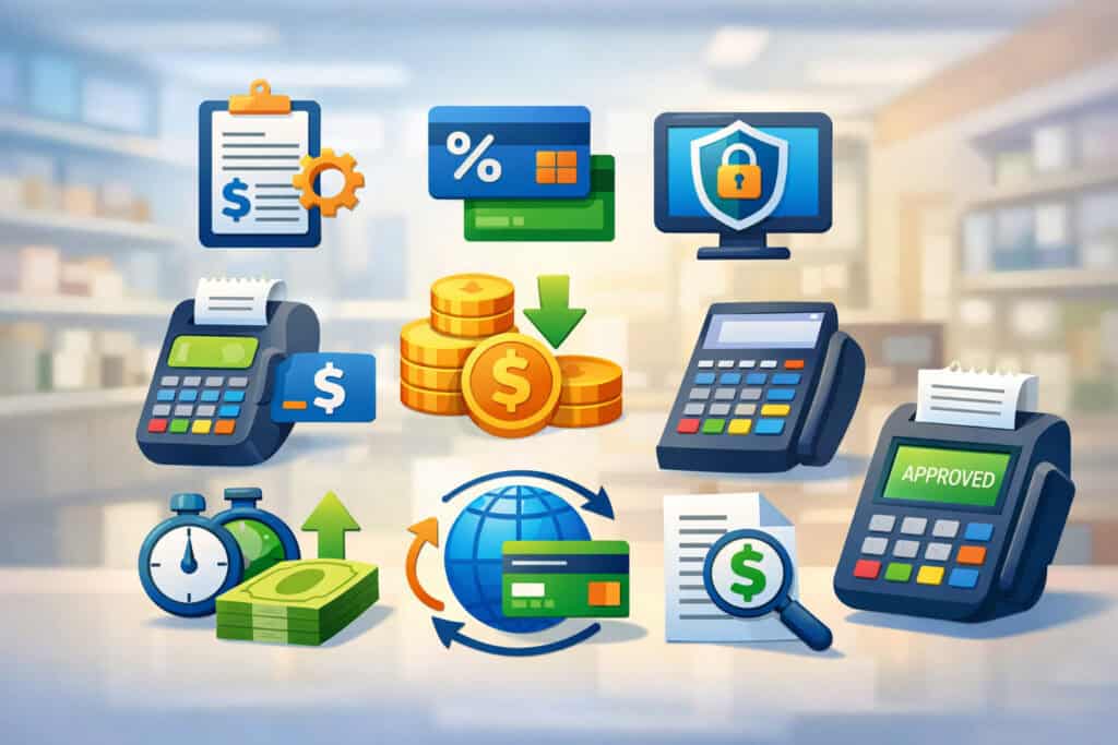 Illustration of merchant payment processing fees with POS terminals, credit cards, transaction icons, and financial symbols representing different types of merchant fees