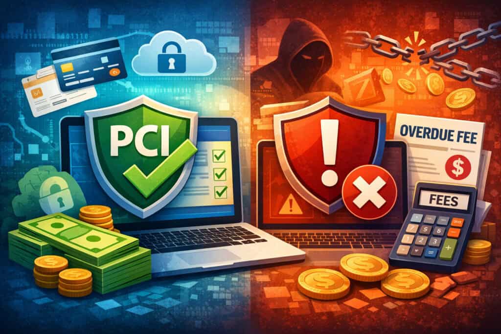 Illustration showing PCI compliance vs non-compliance with secure payment shield, warning symbols, and hidden fee concept in payment processing