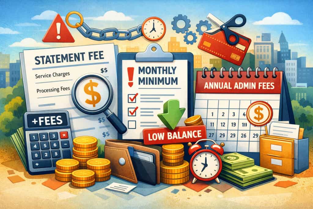 Illustration of hidden payment processing fees including statement charges, monthly minimum requirements, and annual administrative costs with financial icons and documents
