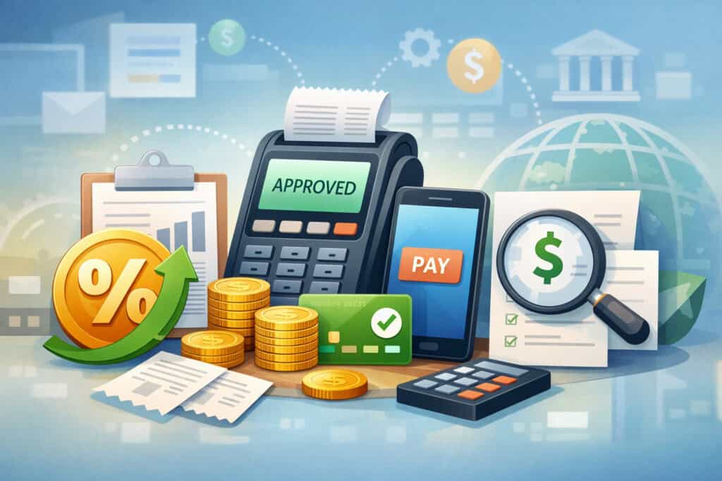 Illustration of payment processing fees structure with POS terminal, credit card, percentage symbol, coins, and financial analytics icons