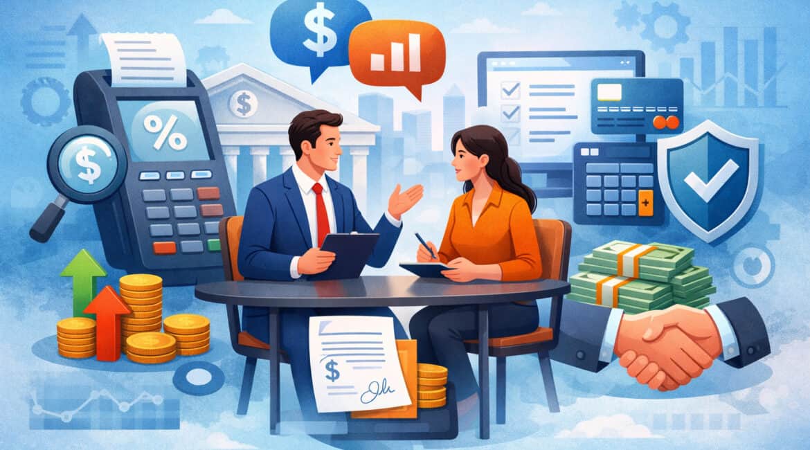 Business professionals negotiating payment processing fees with POS terminal, financial charts, credit cards, and banking icons in the background
