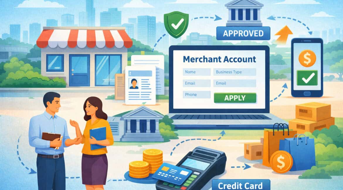 Entrepreneurs setting up a merchant account with digital application, payment terminal, and bank approval process, illustrating steps to accept credit card payments for a new business