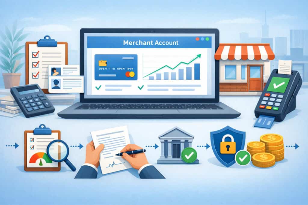 Illustration showing step-by-step process of opening a merchant account with documents, payment terminal, bank approval, and online application workflow
