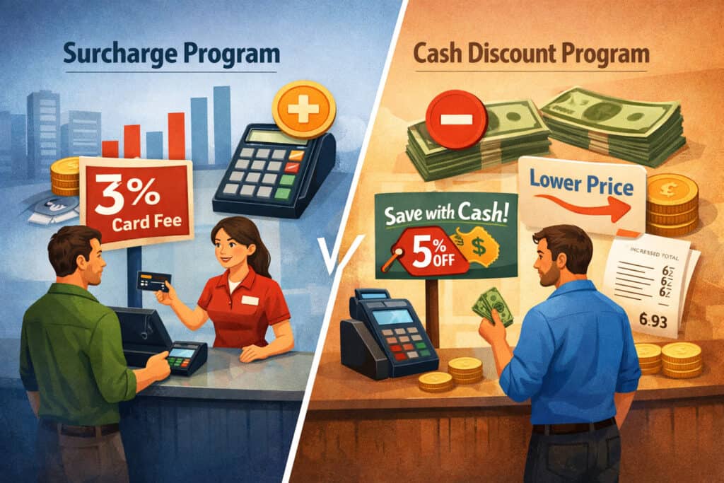 Illustration comparing surcharge vs cash discount programs showing card payment fee on one side and cash savings with lower price on the other
