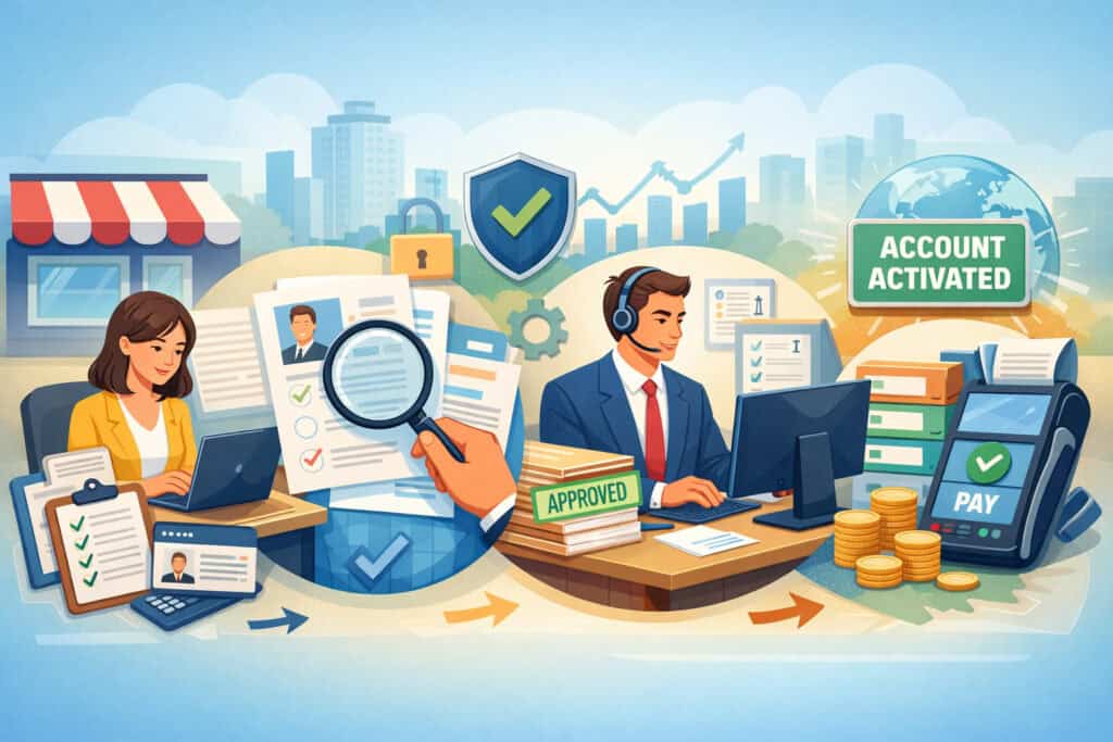 Illustration of the merchant account application process showing online application, document verification, underwriting review, approval, and payment system activation
