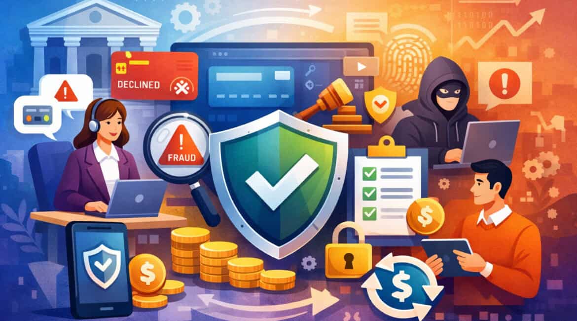 Illustration of business professionals analyzing transactions with fraud alerts, security shield protection, and digital payment icons representing chargeback prevention