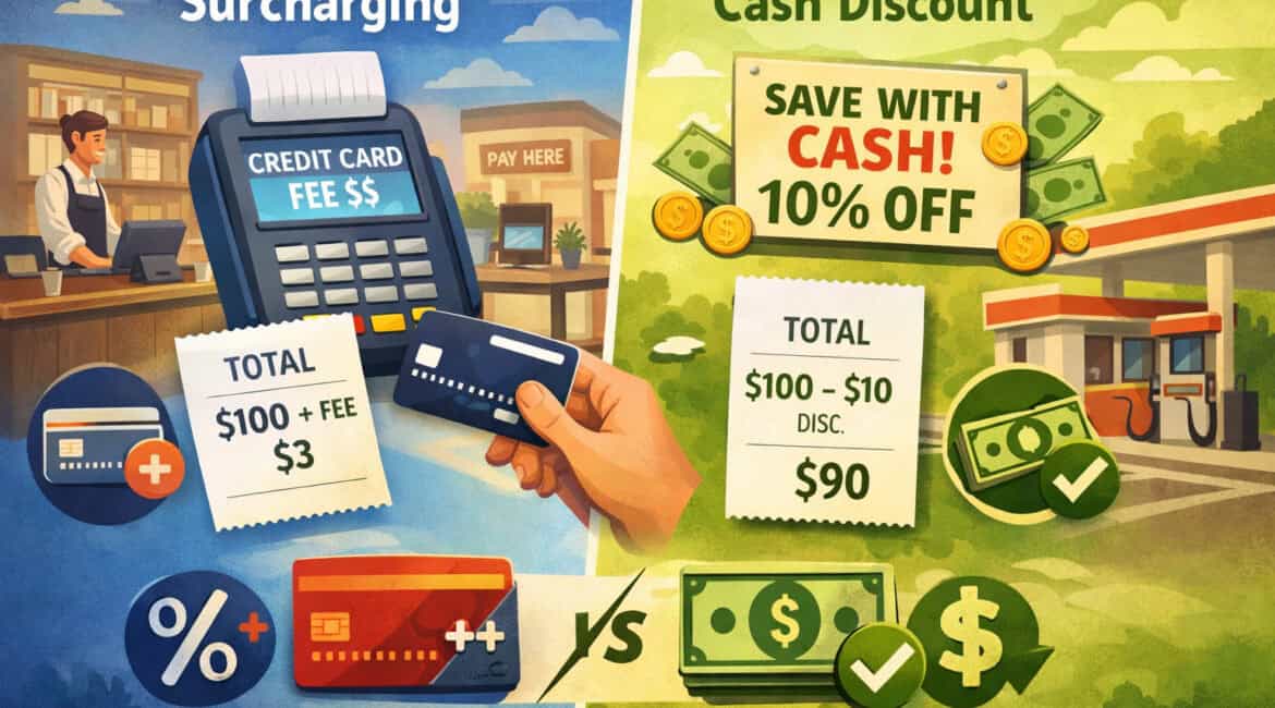 Illustration comparing credit card surcharging and cash discount programs with payment terminal, receipts, and cash savings visuals