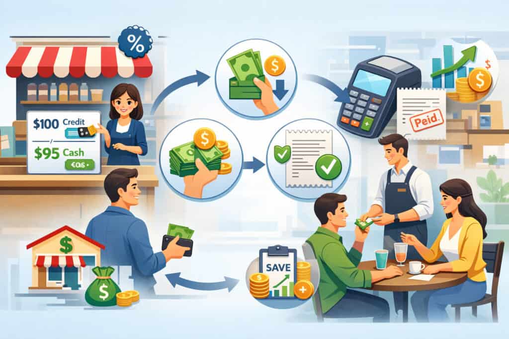 Illustration of a cash discount program showing price difference between cash and card payments, with retail checkout, cash savings, and payment processing concepts