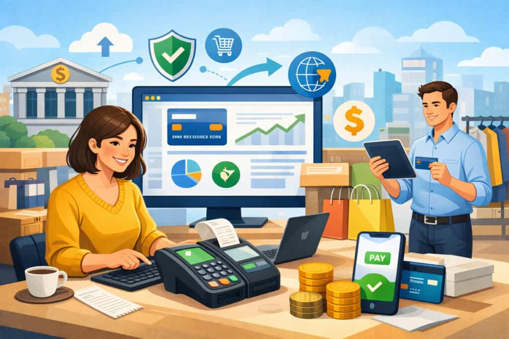 Small business owner using POS terminal with digital payment dashboard, credit card processing, and online payment icons representing merchant account services