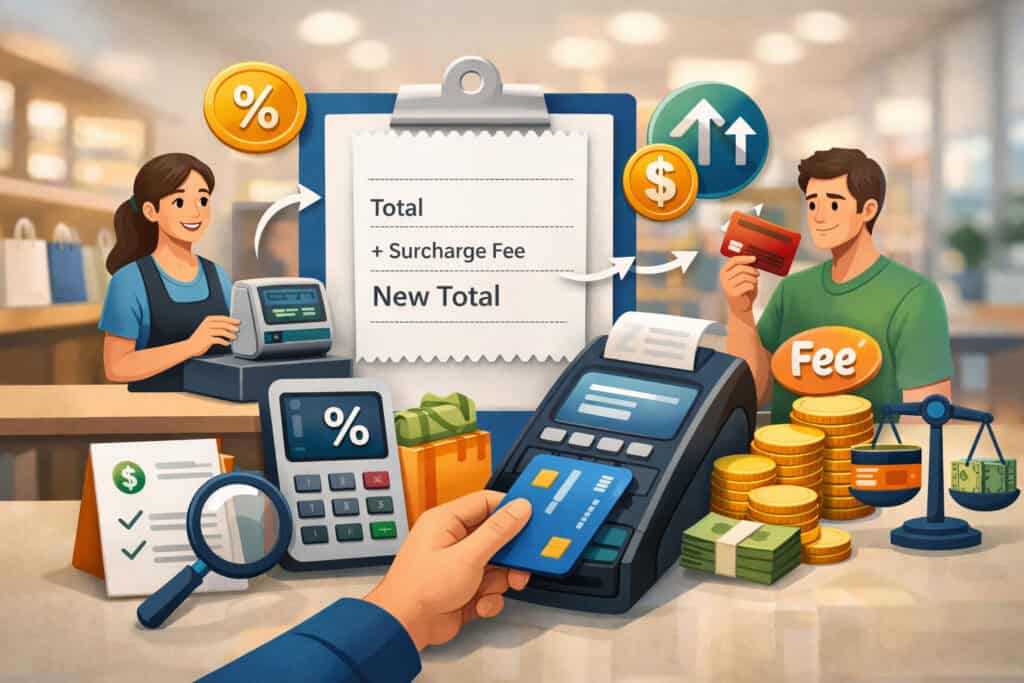 Illustration of credit card payment with surcharge fee added at retail checkout showing POS terminal, receipt, and transaction cost breakdown icons