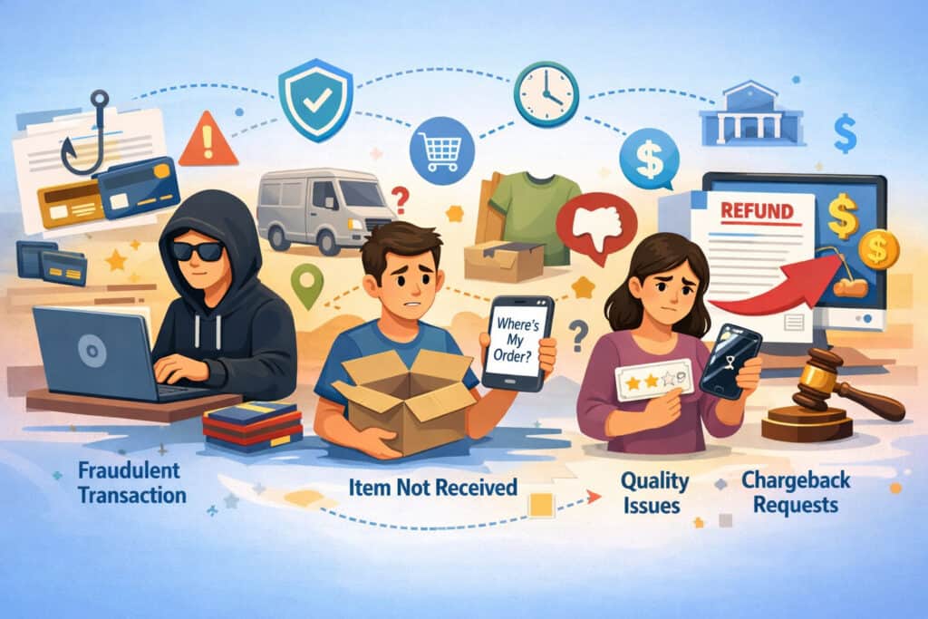Illustration showing common reasons for payment chargebacks including fraud, item not received, product quality issues, and refund disputes with payment icons and e-commerce visuals