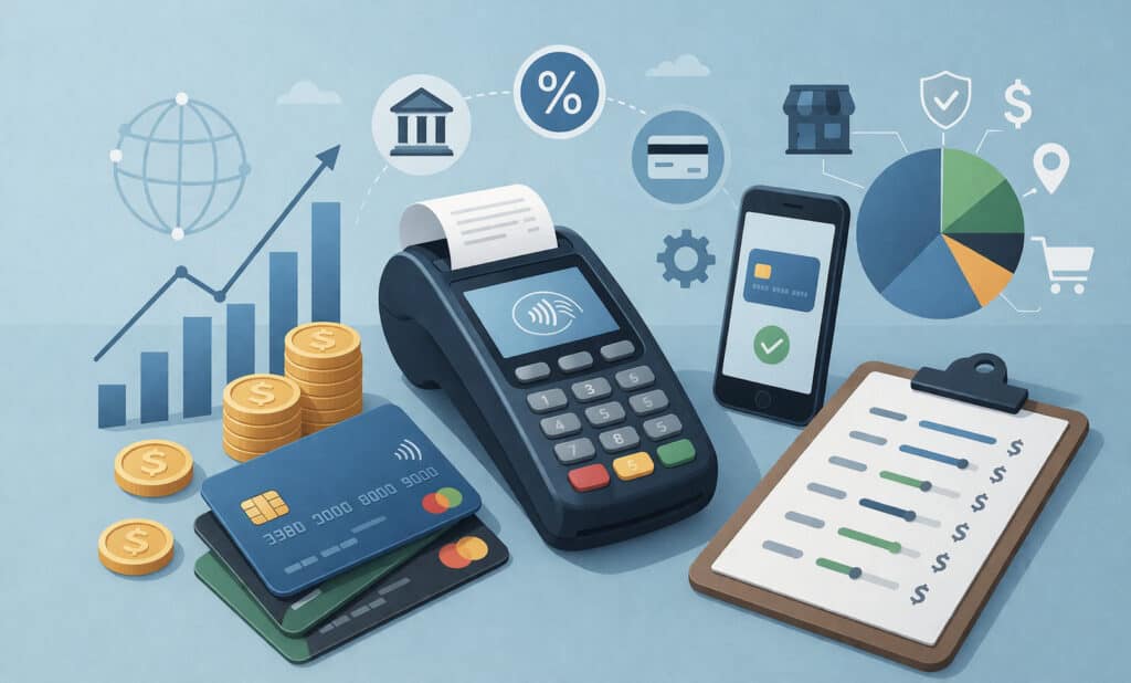 Illustration of payment processing system with POS terminal, credit cards, mobile payment, and financial charts showing transaction fees and cost breakdown