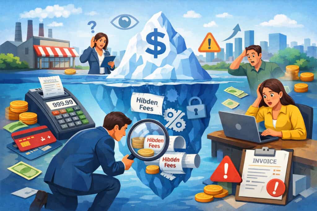 Illustration of business owners uncovering hidden payment processing fees with iceberg concept, invoices, credit cards, and financial warning icons in a modern city setting