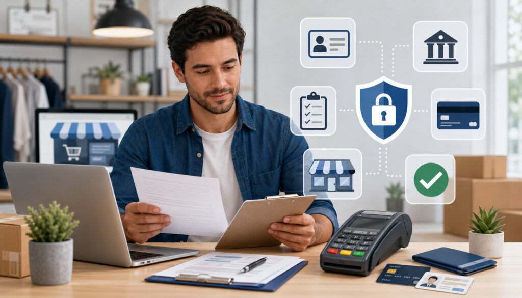 Small business owner reviewing merchant account requirements with payment security icons