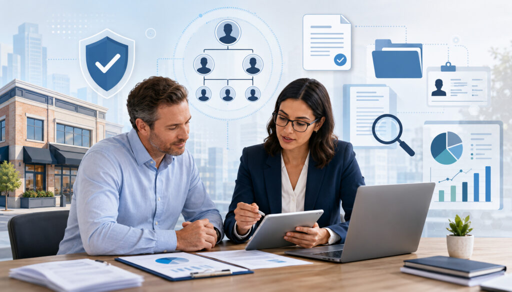Business owner and underwriter reviewing ownership documents
