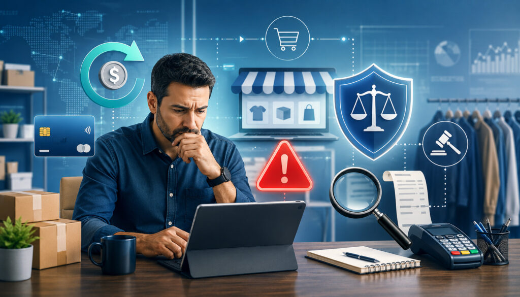 Merchant reviewing chargeback dispute and payment liability risks