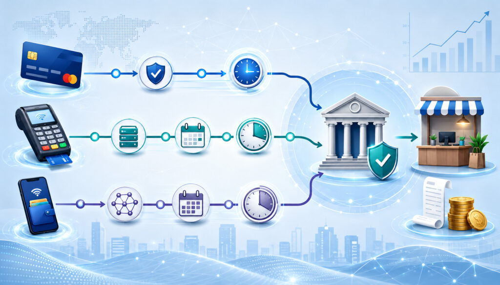 Payment settlement timeline with cards, bank, clock, and merchant icons