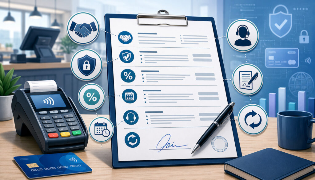 Merchant services contract with payment terminal and compliance icons