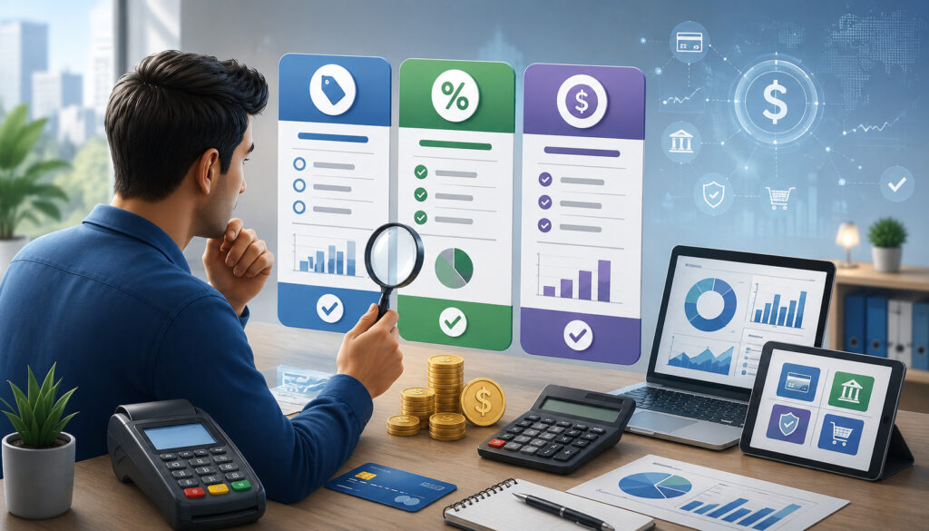 Business owner comparing payment processor pricing models