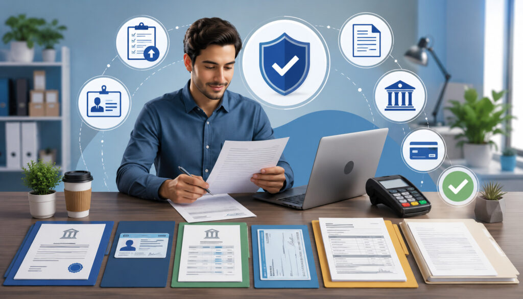Merchant reviewing documents for a merchant account application