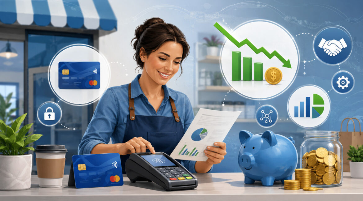 Business owner reviewing payment fees and savings with a POS terminal