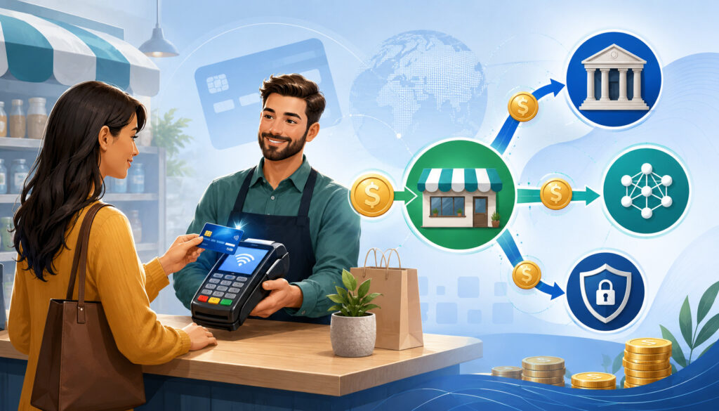 Customer card payment showing interchange fee flow through banks and payment networks