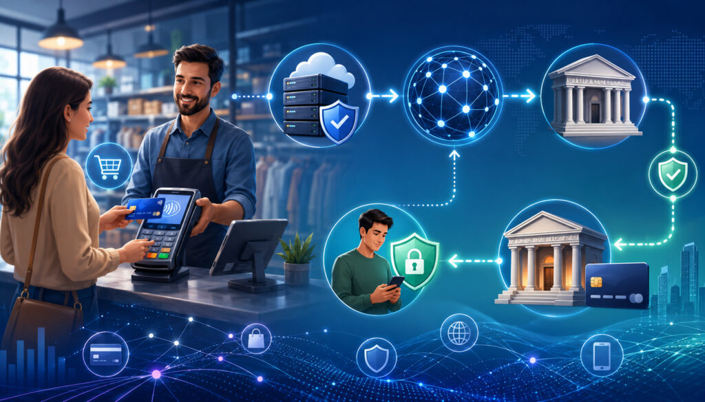 Credit card transaction process with customer, merchant, processor, network, and banks