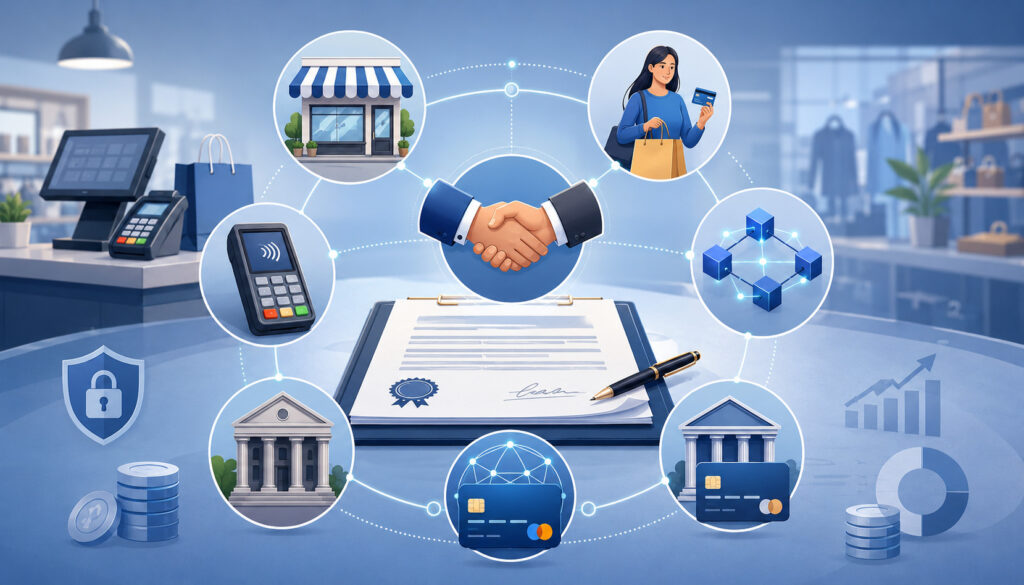 Merchant agreement parties and payment processing ecosystem illustration