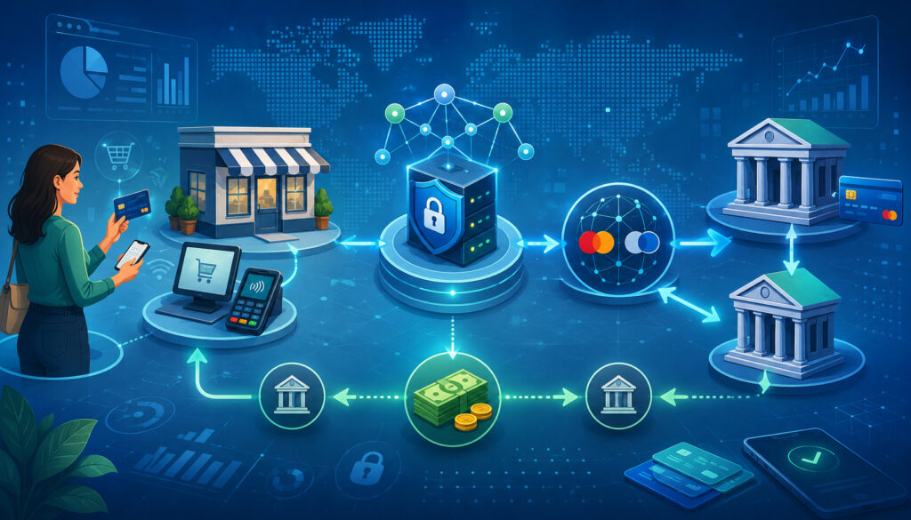 Payment processing settlement flow with banks, merchant, customer, and card network icons
