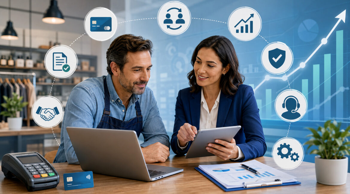 Merchant account manager reviewing payment growth analytics