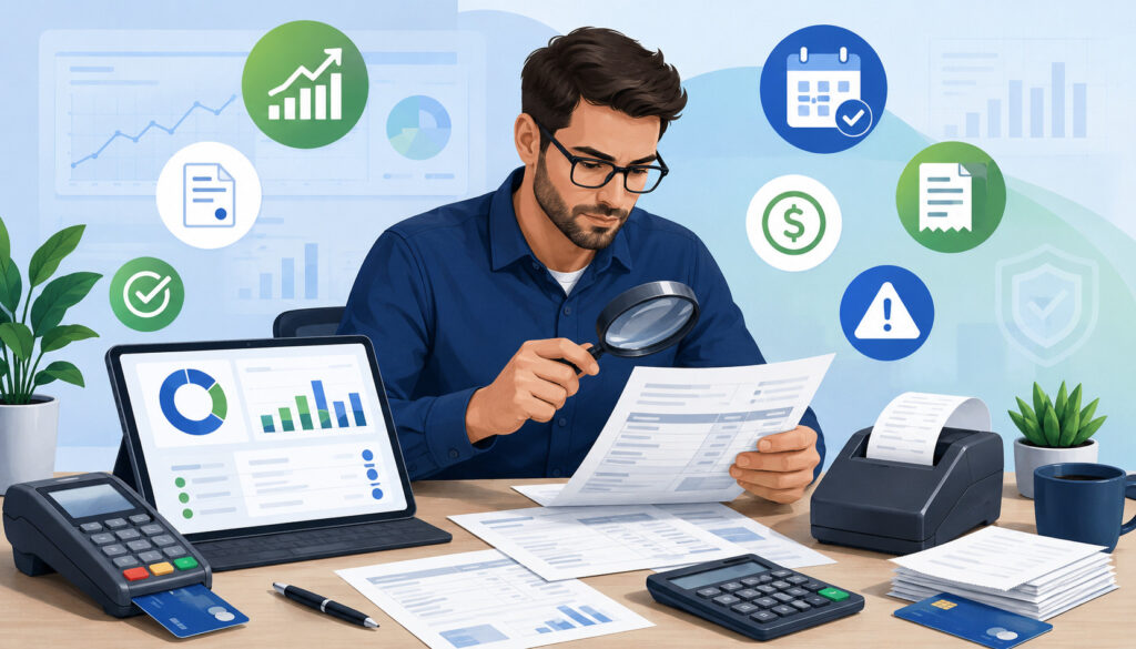 Business owner reviewing merchant statement with payment analytics