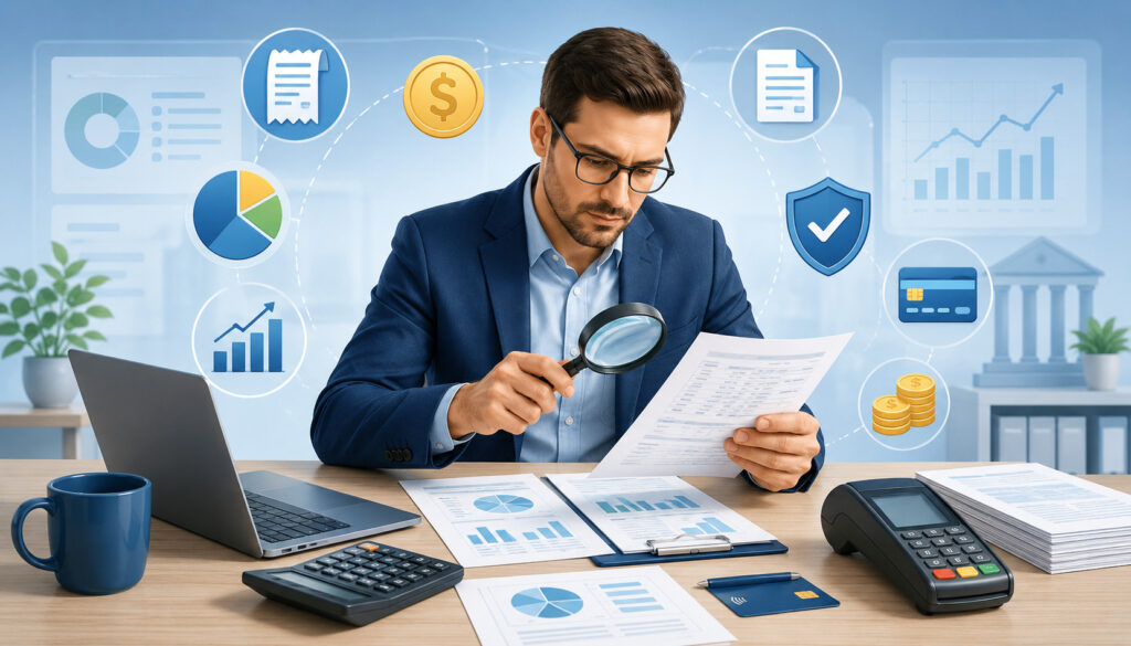 Business owner reviewing merchant account fees and payment statements