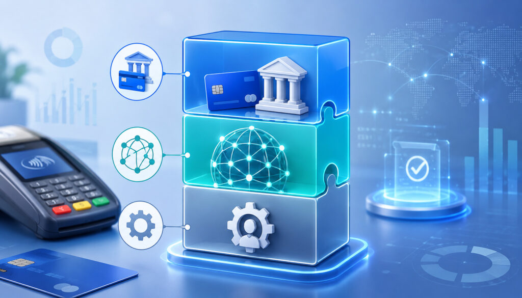 Interchange-plus pricing components with payment card, network, and processor icons