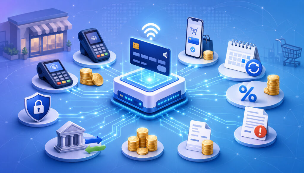 Payment processor revenue streams with card, POS, fees, invoices, and transaction icons