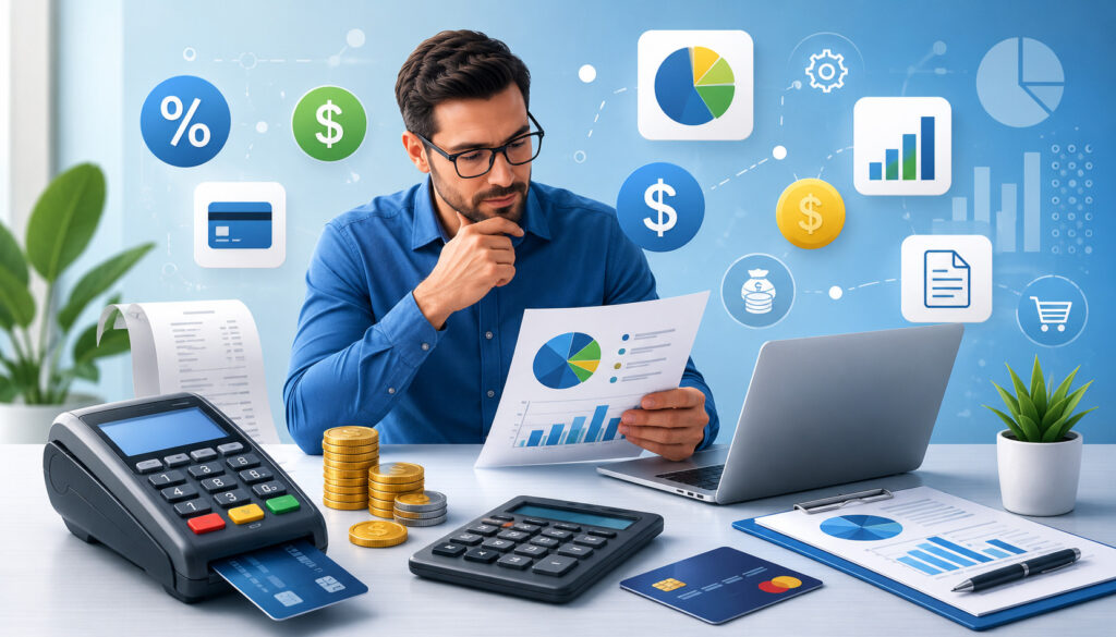 Business owner analyzing payment processing costs with financial icons