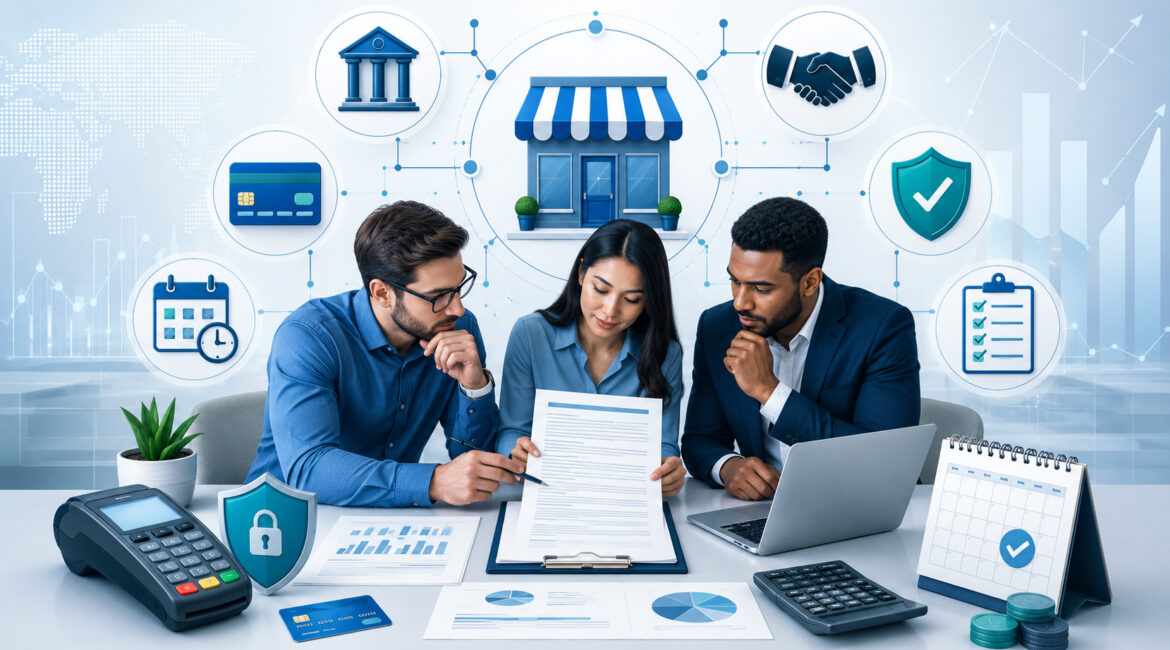 Business team reviewing merchant service agreement with payment and security icons