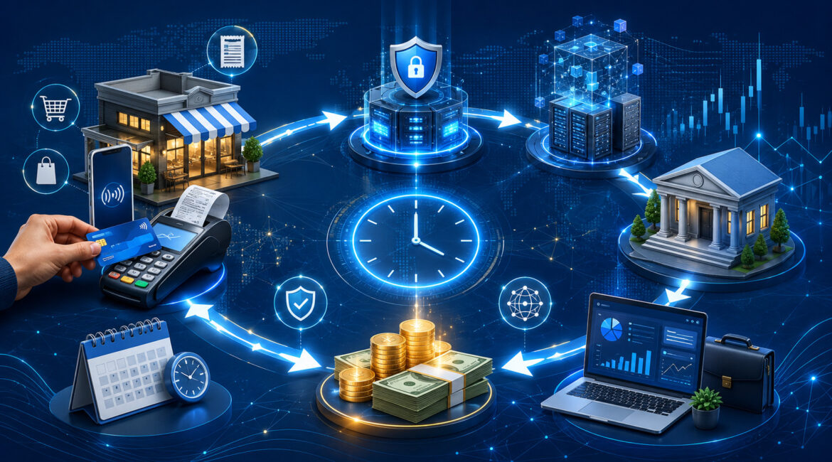 Payment settlement cycle with merchant, bank, clock, and digital payment icons