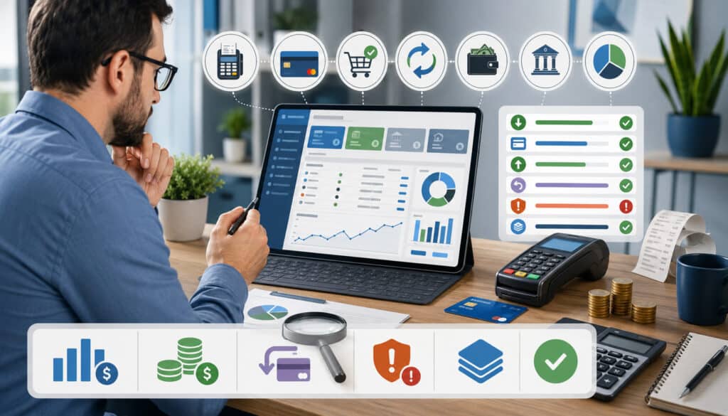 Merchant reviewing processing statement with payment icons