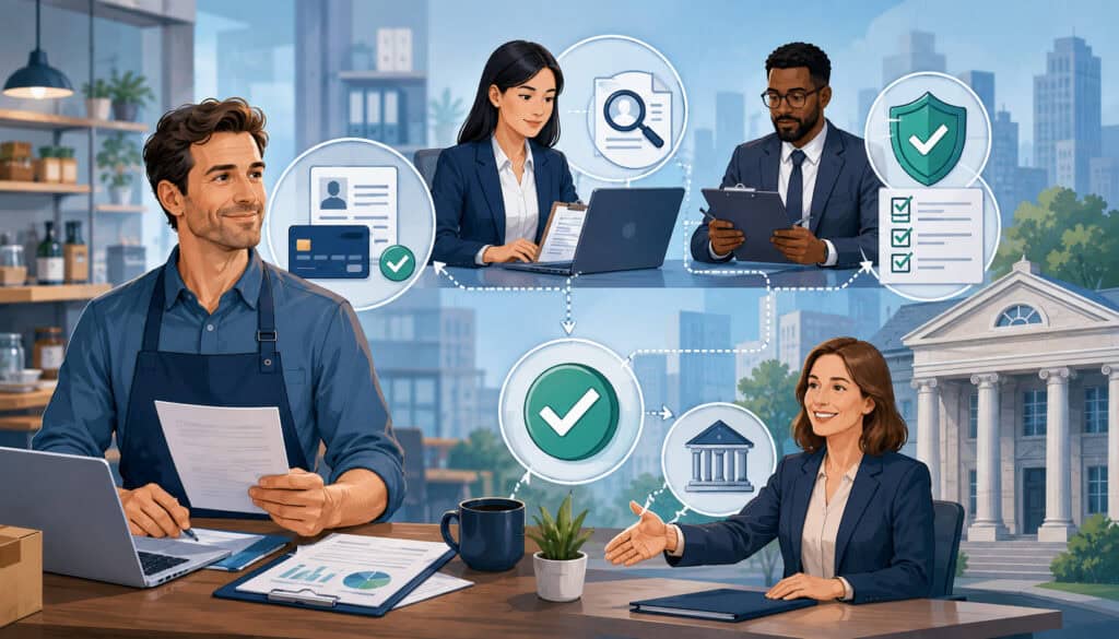 Merchant account approval process team illustration