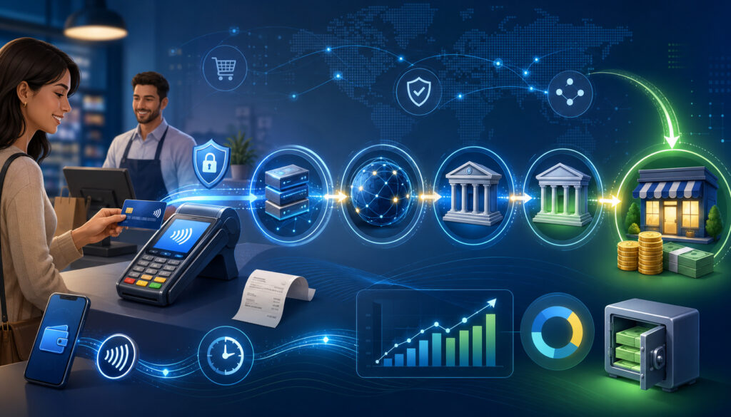 Credit card payment flow illustration with secure transaction icons