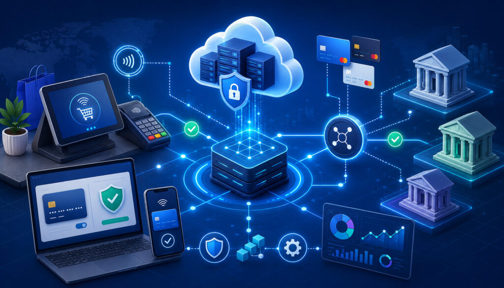 Payment processing infrastructure with POS, cloud security, banks, cards, and digital transaction network