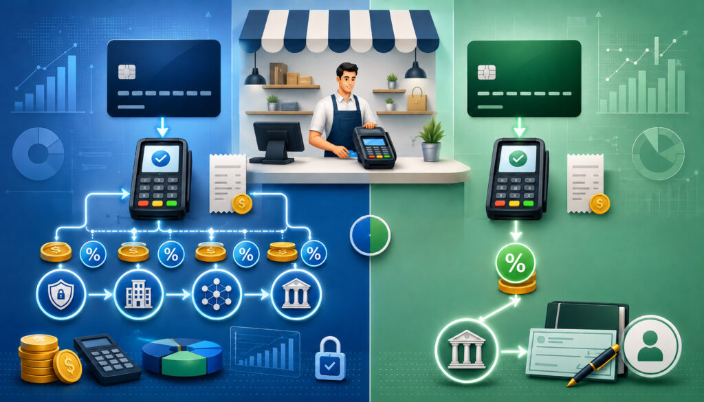 Credit card and debit card interchange fee comparison illustration