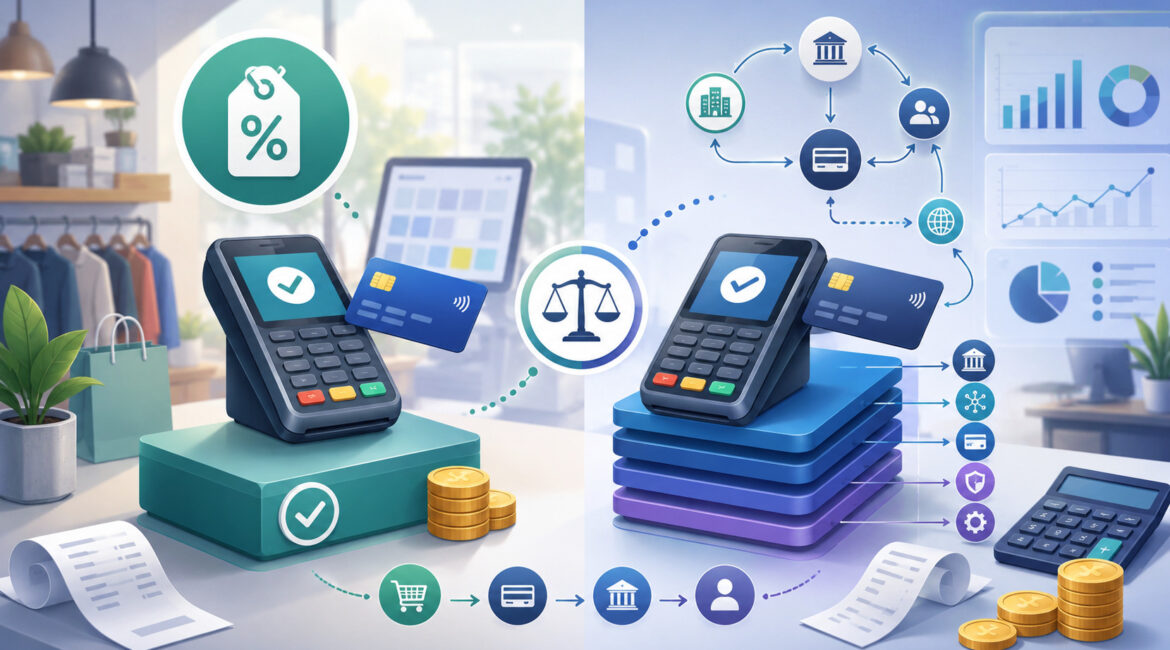 Flat-rate vs interchange pricing comparison illustration with POS terminals and payment fee icons