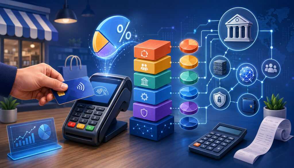 Payment processing fee breakdown illustration with POS terminal and icons