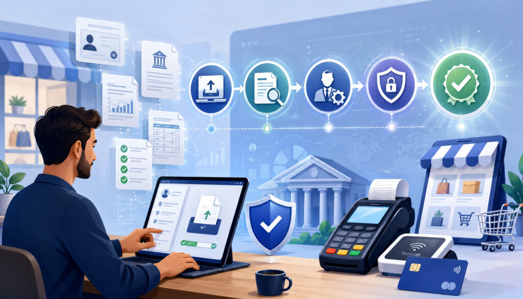 Merchant account approval process illustration with application review and payment verification icons