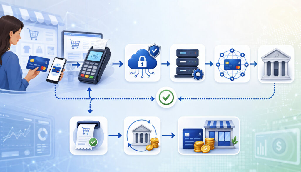 Payment processing cycle from customer checkout to merchant settlement