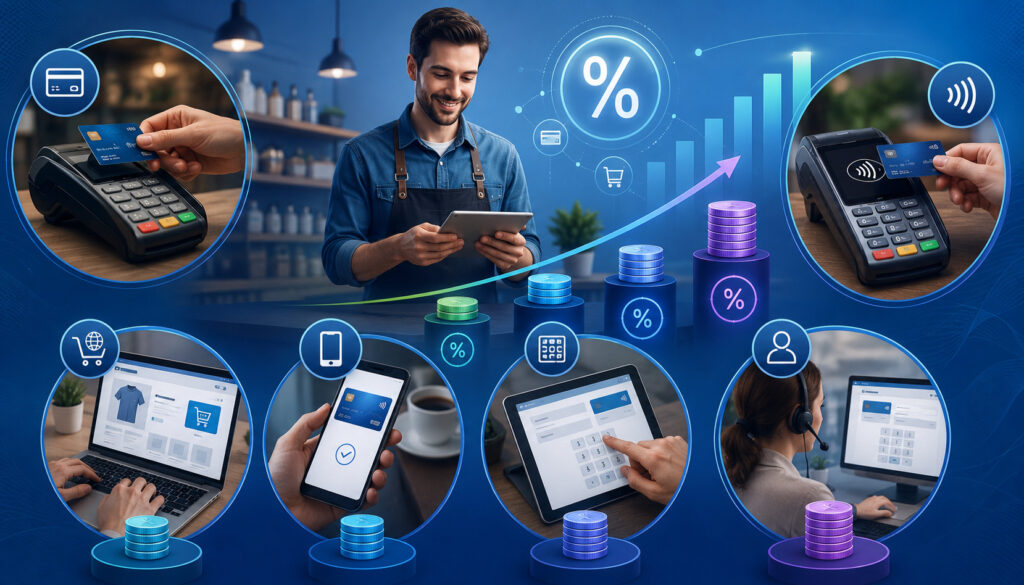 Transaction type pricing impact illustration with card, contactless, online, mobile, and keyed payment icons